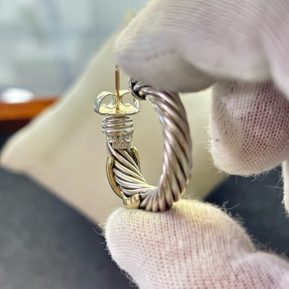 David Yurman 925 & 14k Gold Signature X Hoop Earrings 1" - Picture 7 of 8